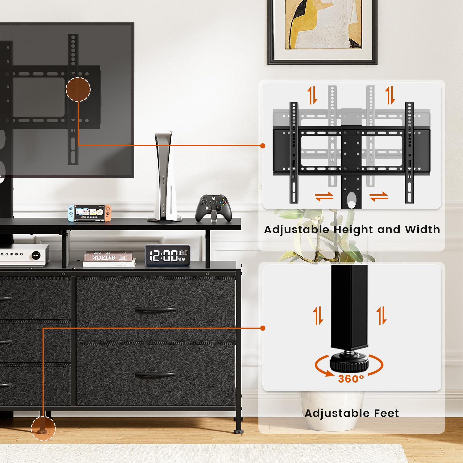 REAHOME TV Stand with Mount, 63" Entertainment Center for 32/45/55/60/65/70 inch TVs, Media Console Table with 7 Drawers, Height Adjustable Mount, Dresser TV Stand for Living Room, Carbon Fiber Black