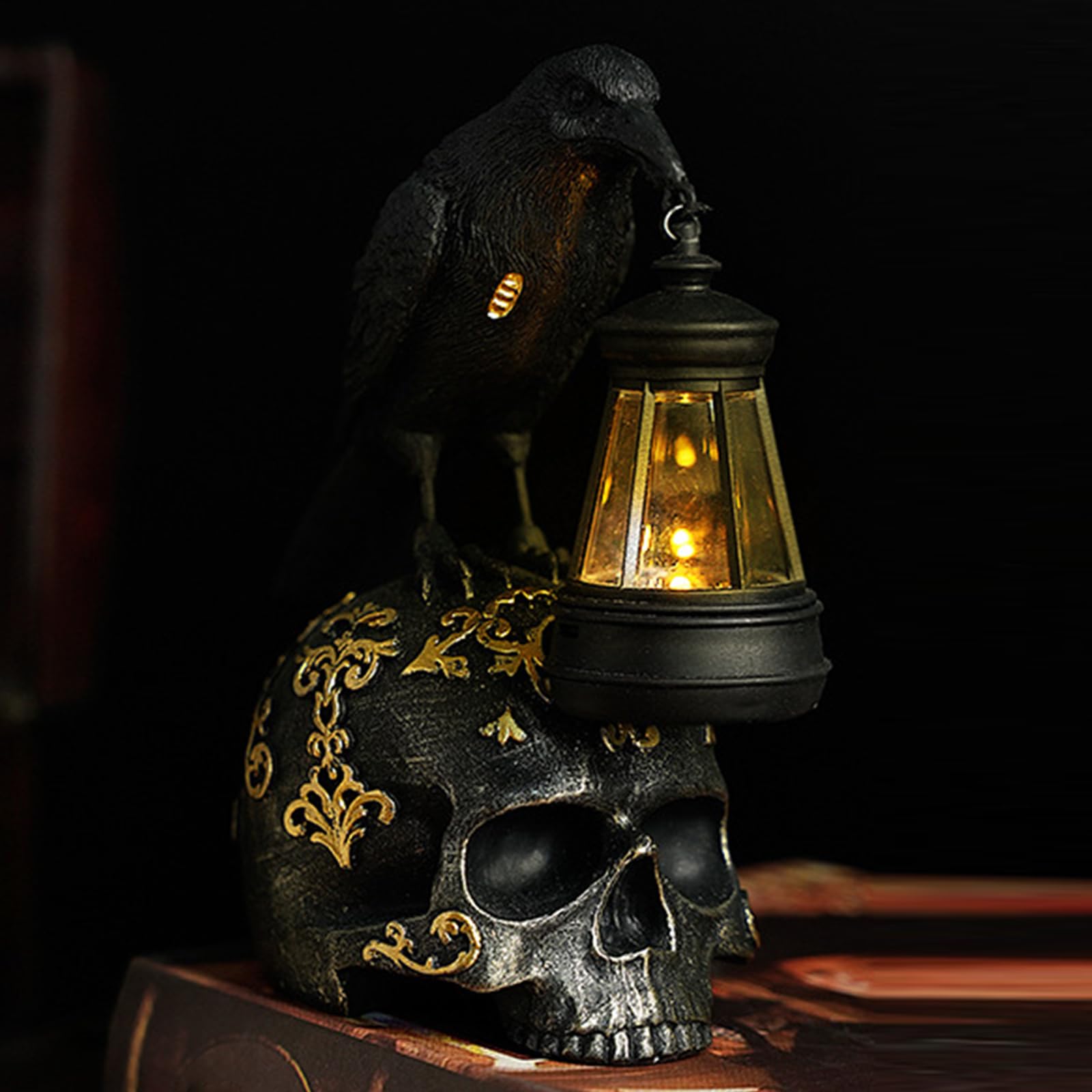 1PCS Halloween Crow Skull Lamp, Solar Powered Retro Gothic Crow Night Light