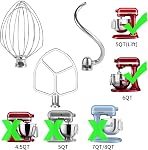 Stainless 3 Piece kit Attachments for KitchenAid 5 Plus- 6QT Mixer | Dough Hook, Wire Whisk & Flat Beater 3-piece kit; rust resistant, dishwasher safe, ideal for baking bread, cakes and cookies