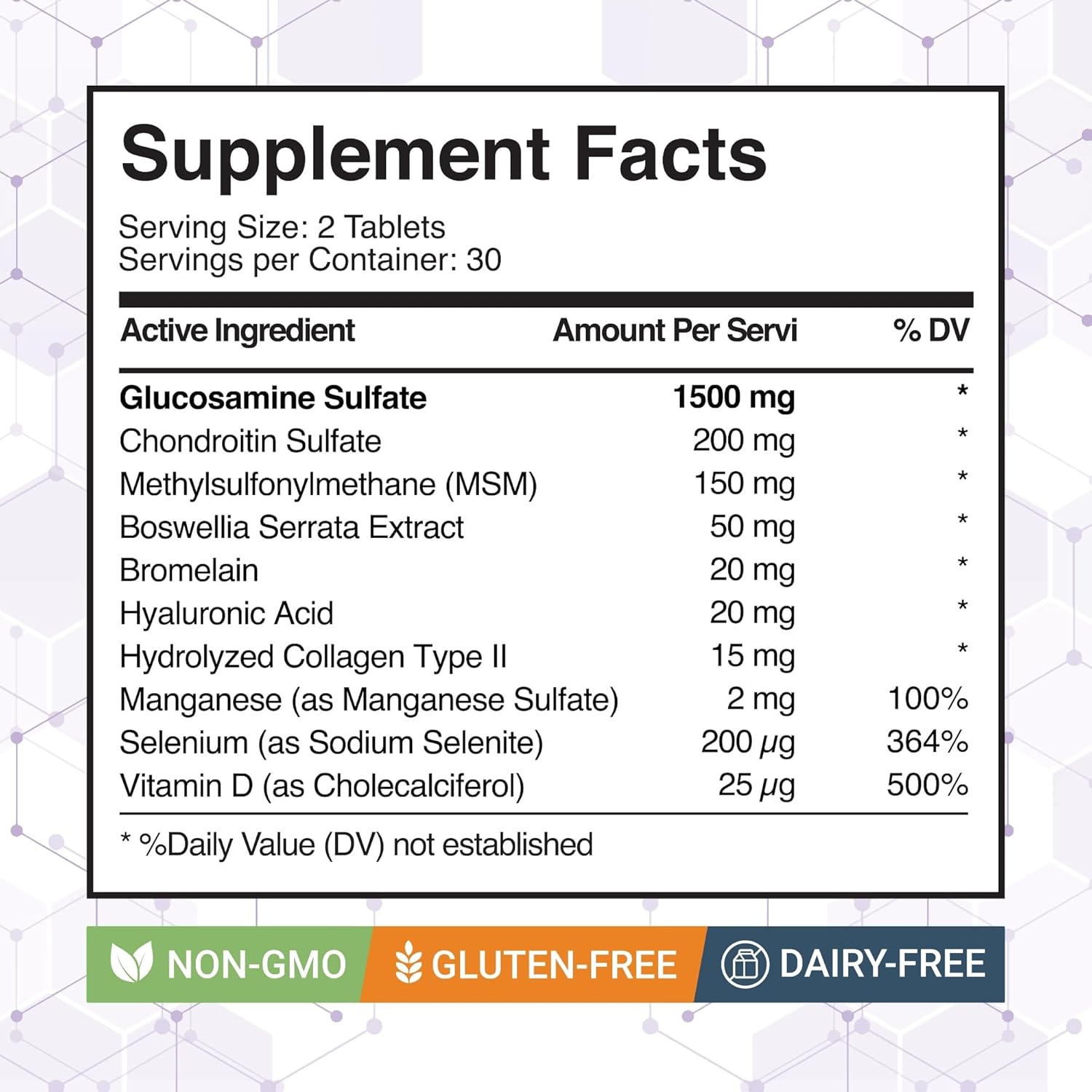 Glucosamine Chondroitin with MSM, Bromelain, Boswellia, Collagen, Hyaluronic Acid, Selenium & Vitamin D – Dietary Supplement – 60 Tablets