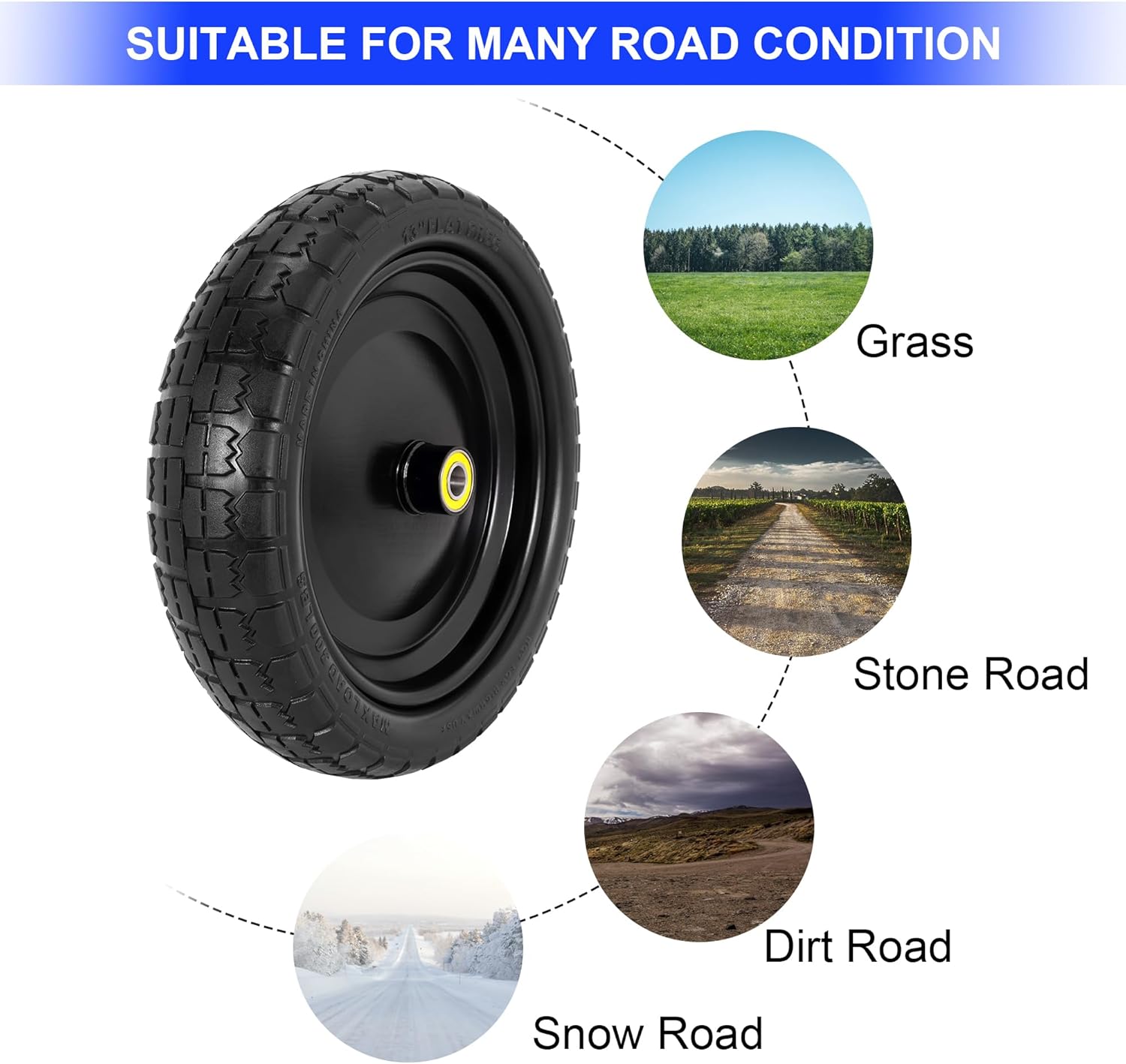 13 Inch Flat Free Wheels Tires 4.00-6 Solid Tires and Wheels Replacement with 5/8" Axle Bore Hole, 8 Spacers and 4 Pins for Wheelbarrow, Garden Cart, Hand Truck, Trolley, Gorilla Cart