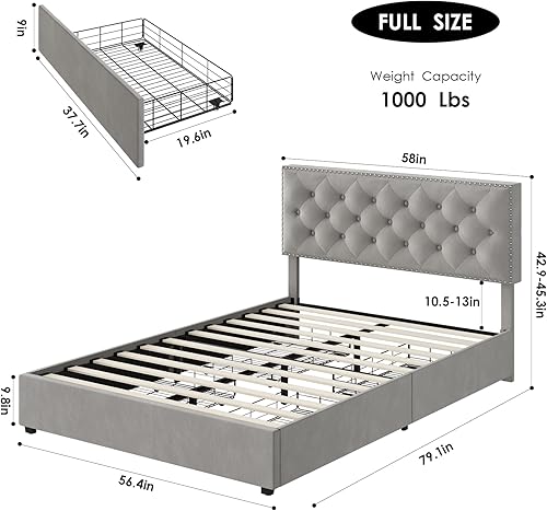 Miniatura 2 de HOSTACK Base de cama de tamaño matrimonial con 4 cajones de almacenamiento, cama moderna con plataforma tapizada con cabecera ajustable, base de