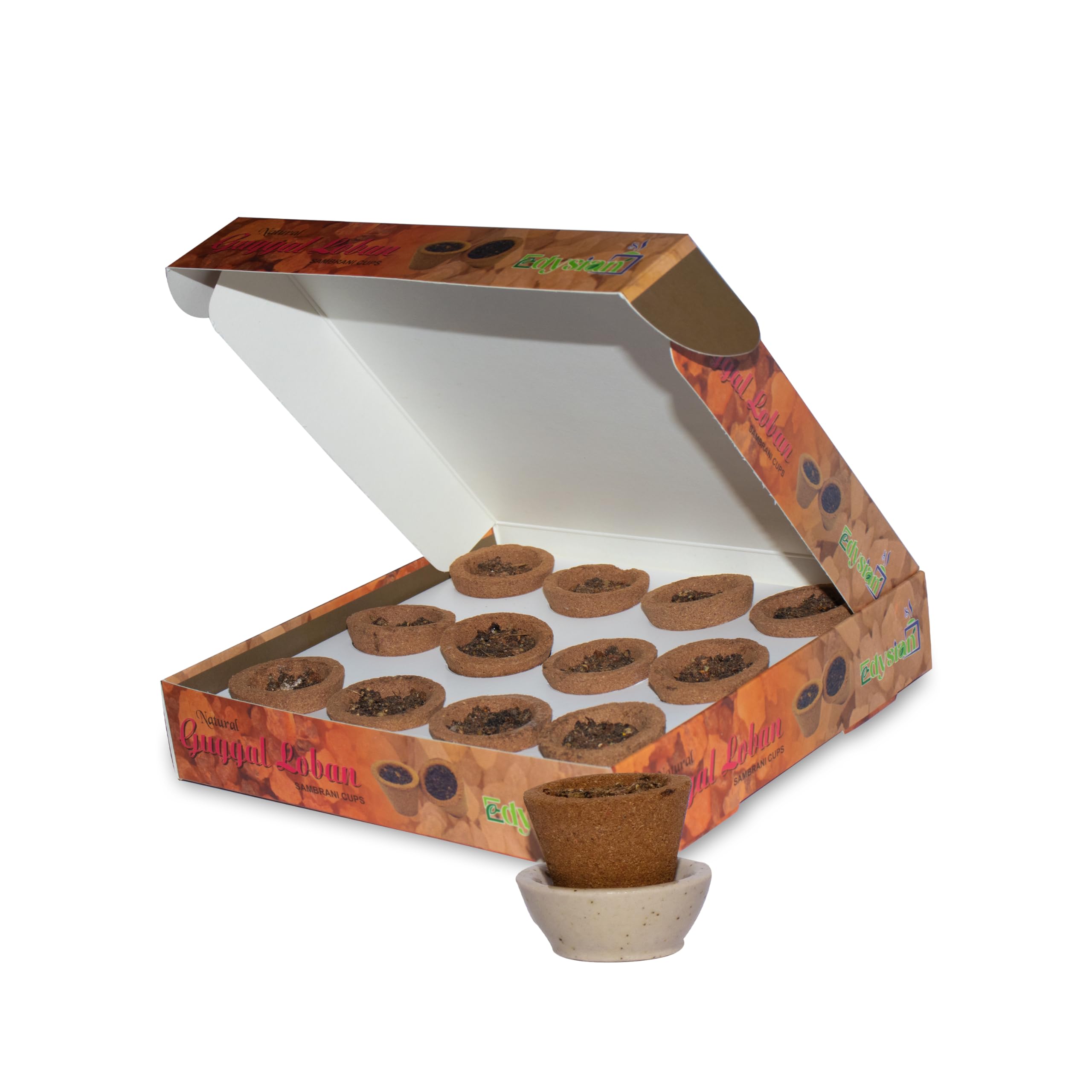 Edysian Guggal Loban Sambrani Dhoop Cups | Cow Dung & Guggul Loban -12 Cups/Pack & 1 Burner Plate | Havan Cups for Pooja, Homes, Offices | Suitable for Meditation & Spiritual (Pack of 6, 12x6=72 Cups)-image-47