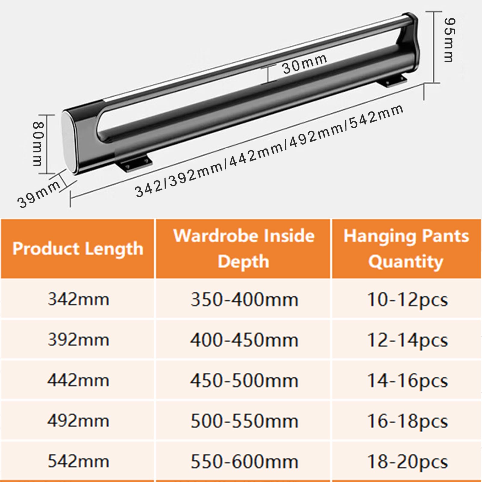 Barra Armario Extensible, Pantalonero Extraíble Amortiguada 542 mm | barra telescópica para armario, carga 25kg, aluminio y acero laminado, slencioso y antideslizante, ahorrar espacio