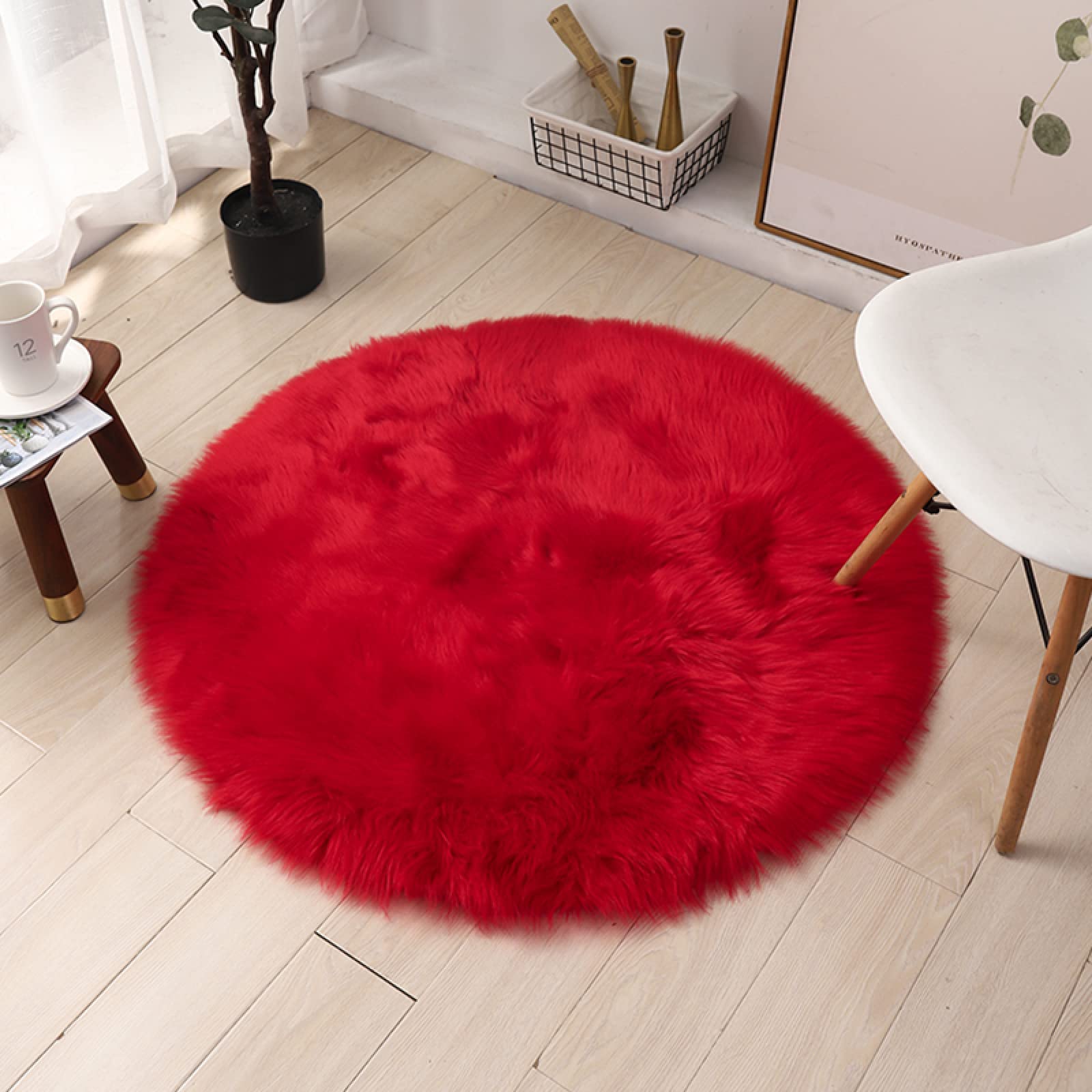 Tapis Lavable en Machine en Fausse Fourrure de Mouton avec Accents en Fausse Fourrure en Peau de Mouton,Red-70cm