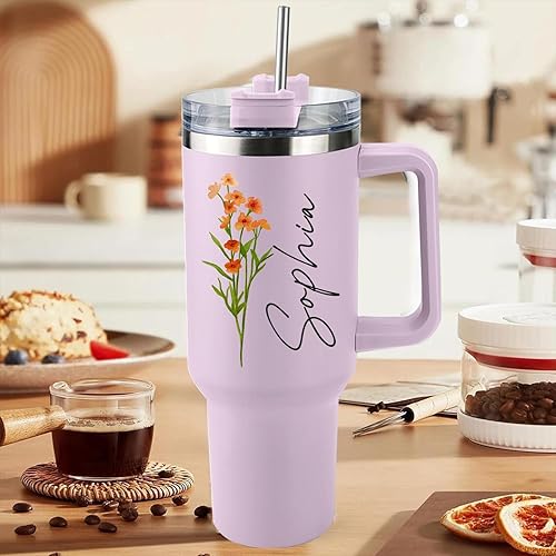 Miniatura 4 de Elemtansy Personalized 40 Oz Tumbler with Handle and Straw, Custom Insulated Stainless Steel Tumbler with Name Travel Coffee Mug Birthday Gifts for
