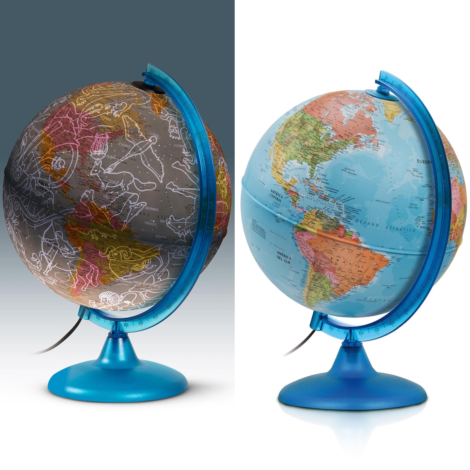 Tecnodidattica - Night&Day Globo Terráqueo para Niños y Jóvenes | Doble Función Cartografía Política y Constelaciones | Luminoso y Giratorio | Meridiano Graduado | Textos en Español | Diámetro de 25cm