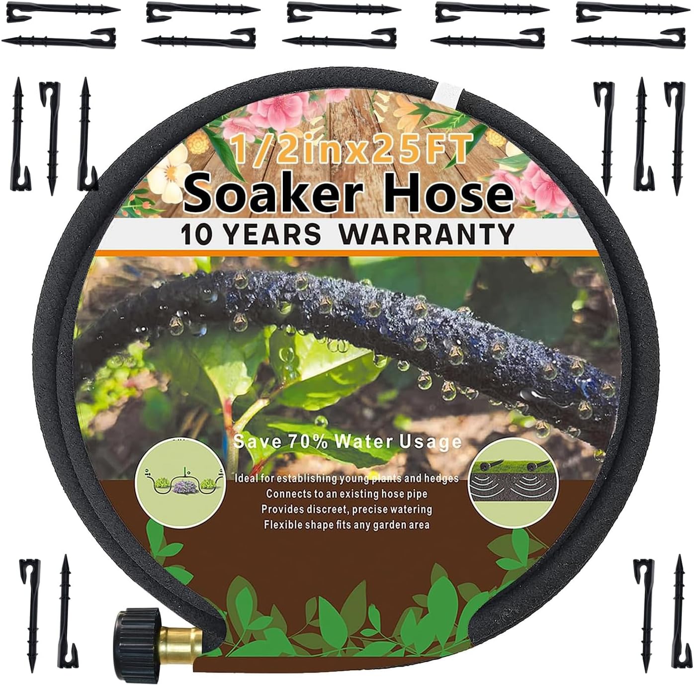 1/2’’ Soaker Hose for Garden 25 Ft, Heavy Duty Garden Soaker Hose 25 Ft, Drip Garden Watering Hose Irrigation System And 20 Pack 7.3" Strong Plastic Garden Hose Holder