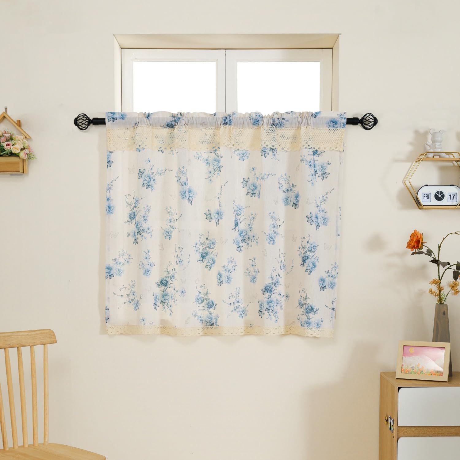 Farmhouse Cotton Linen Tier Curtain 36 Inch Long Elegant Floral Lace Window Treatment Kitchen Bathroom Short Curtain, 1 Panel, Hydrangea & Rose