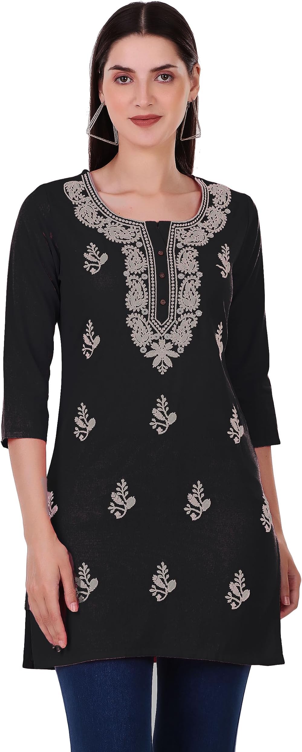 ladylineLakhnavi Embroidered Cotton Womens Tunic Top Elegant Short Kurti Hip Length (CEK NJLS)