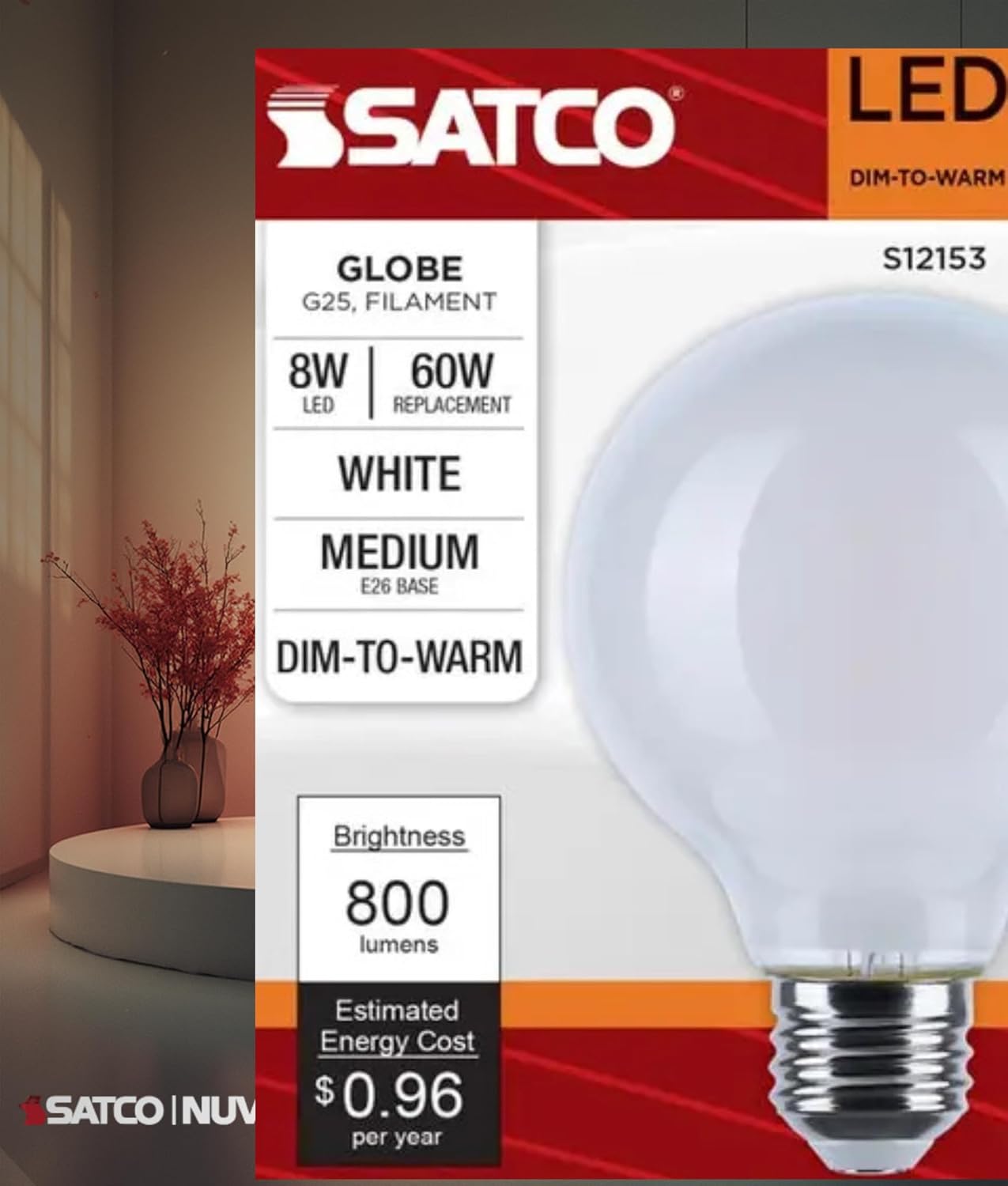 Satco S12153 8W LED G25 Globe Bulb, Warm Dimming 3000K-2000K, 800 Lumens, 90 CRI, 60W Replacement, White Globe, E26 Medium Base, Enclosed Fixture Rated, Dimmable, 120 Volt (2 Pack)