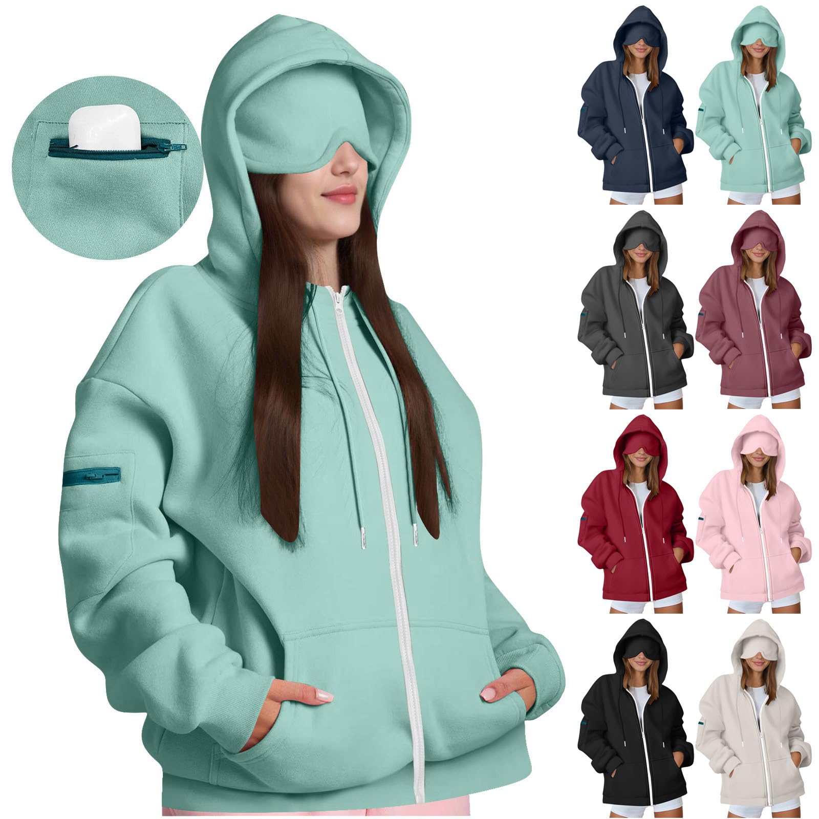 Hoodie with Eye Mask Built in Women's Sweatshirts Casual Drawstring Jackets with Pockets Comfrt Airplane Mode Travel Wearable Blanket Hoodies for Adults