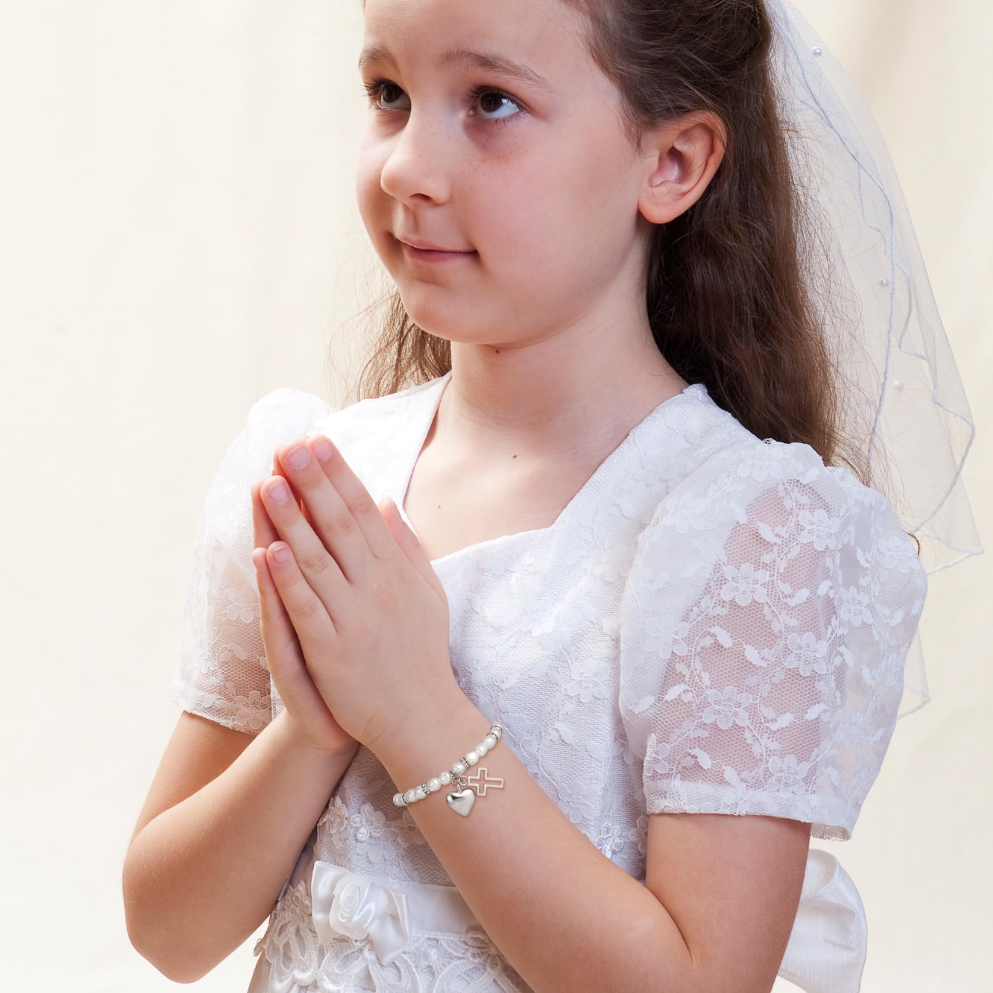 Bransoletka dla dziewcząt z zawieszką w kształcie krzyża, bransoletka z pereł, na komunię, dla dziewcząt, biżuteria religijna, prezent na komunię, dla dziewcząt, wiara chrześcijańska