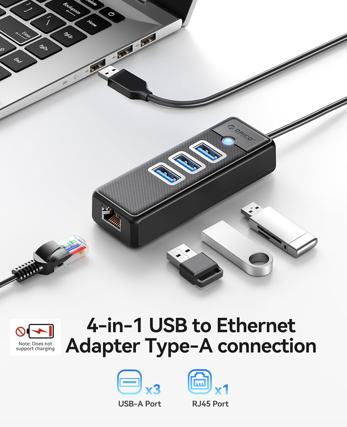 ORICO USB to Ethernet Hub,USB Hub Ethernet 1Gbps with 3*Type-A 3.0, USBA to Network Extender with 50CM Cable for Windows 10, 8.1, Mac OS, Laptop