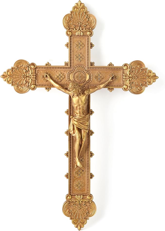 BC Catholic Crucifix Wall Cross, Jesus Christ Religious Home Decor, Catholic Wedding Gift, Gold Color Finish, 12"H Hand-painted by Buildclassic