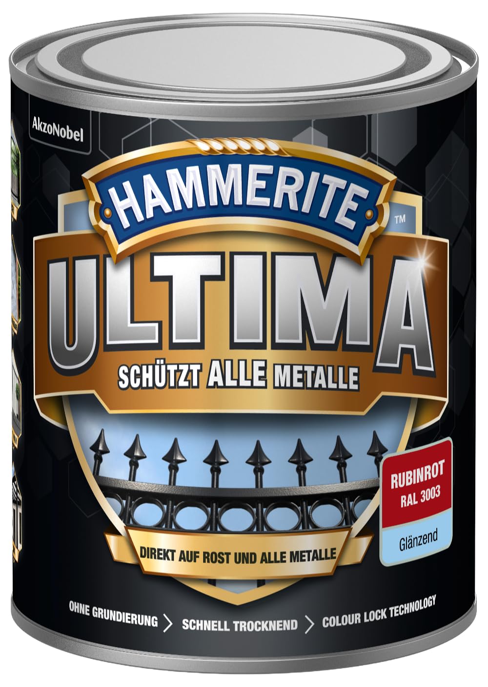Hammerite Ultima Glänzend, Metallschutzlack, Hochwertiger Schutzlack für alle Metalle im Außenbereich, Rubinrot RAL3003, 750 ml