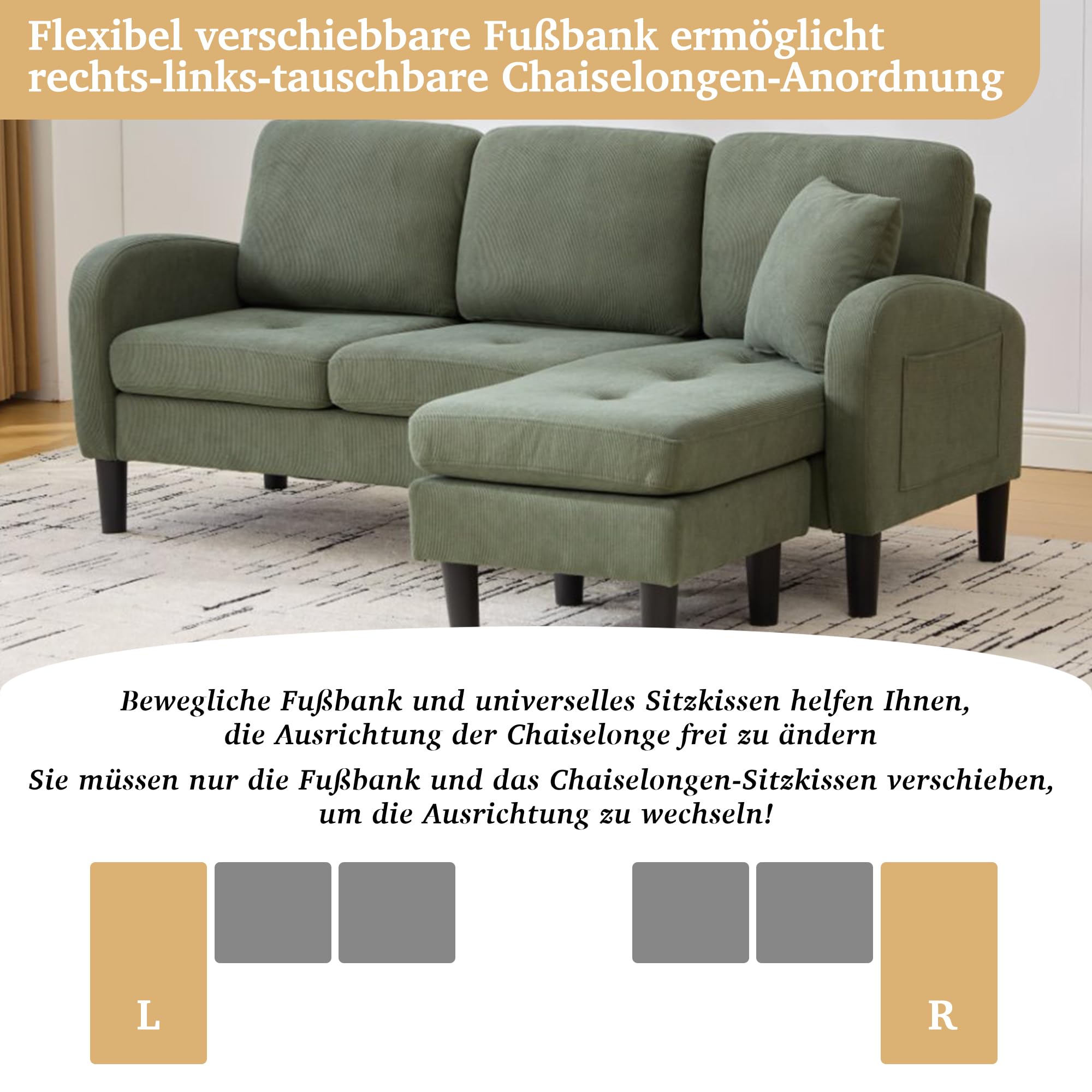 Merax L-förmiges Ecksofa 166x118x77 cm, 3-Sitzer Sofa mit Chaiselongue, Modulares Wohnzimmer-Sofa aus atmungsaktivem Cordstoff, Komfortables Apartment- und Bürosofa, Grün