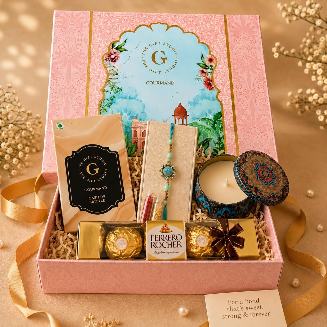 THE GIFT STUDIO.COM | Premium Rakhi Gift Hamper | Designer Meenakari Rakhi, Ferrero Rocher, Cashew Brittle & Sandal Bloom Candle | Raksha Bandhan Gift-image-12