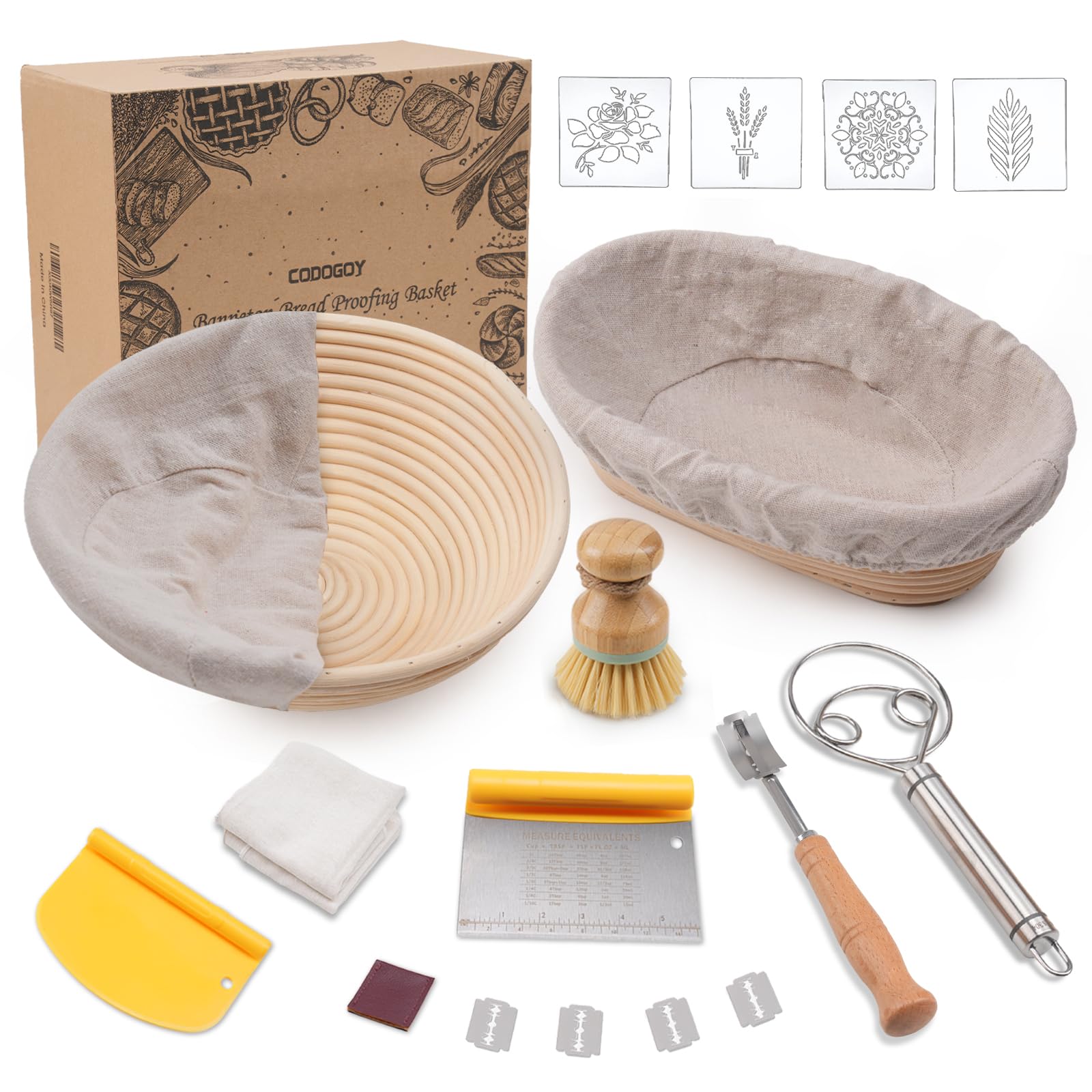 Banneton Bread Proofing Basket Set, Sourdough Bread Baking Supplies with 9" Round & 10" oval Handmade Natural Rattan Proofing Basket and Complete Bread Making Tools