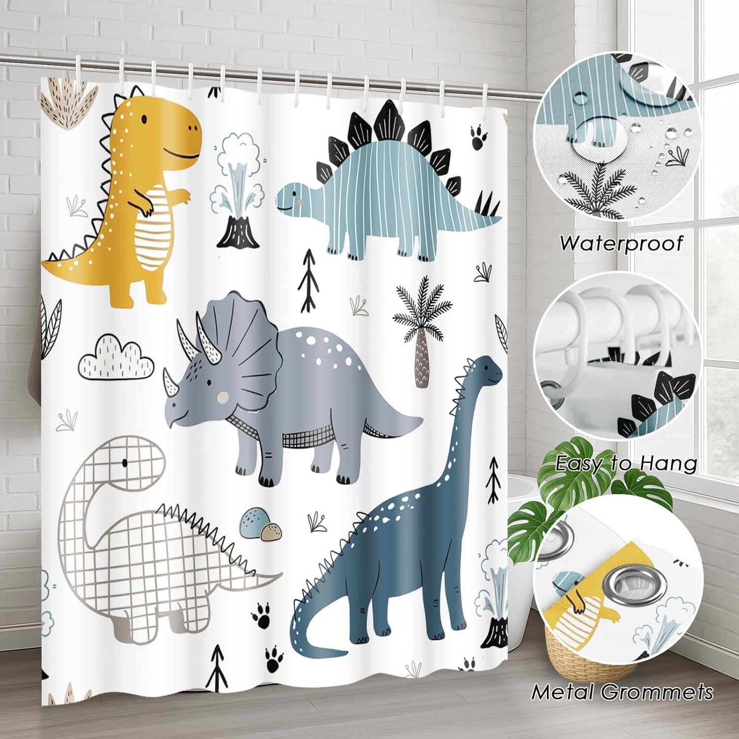 Britimes 4 Piece Shower Curtain Sets, Cartoon Dinosaur with Non-Slip Rugs, Toilet Lid Cover and Bath Mat, for Bathroom Decor Set, 72" x 72"