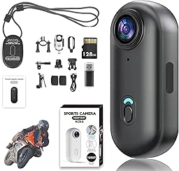 POV Camera for Motorcycle Helmet – 4K Action Camera with Wide-Angle, Loop Recording, Waterproof + Free 128GB Memory Card for Cycling, Motorbike, Sports POV Recording (Black-4K, 128G)