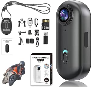 POV Camera for Motorcycle Helmet – 4K Action Camera with Wide-Angle, Loop Recording, Waterproof + Free 128GB Memory Card for Cycling, Motorbike, Sports POV Recording (Black-4K, 128G)