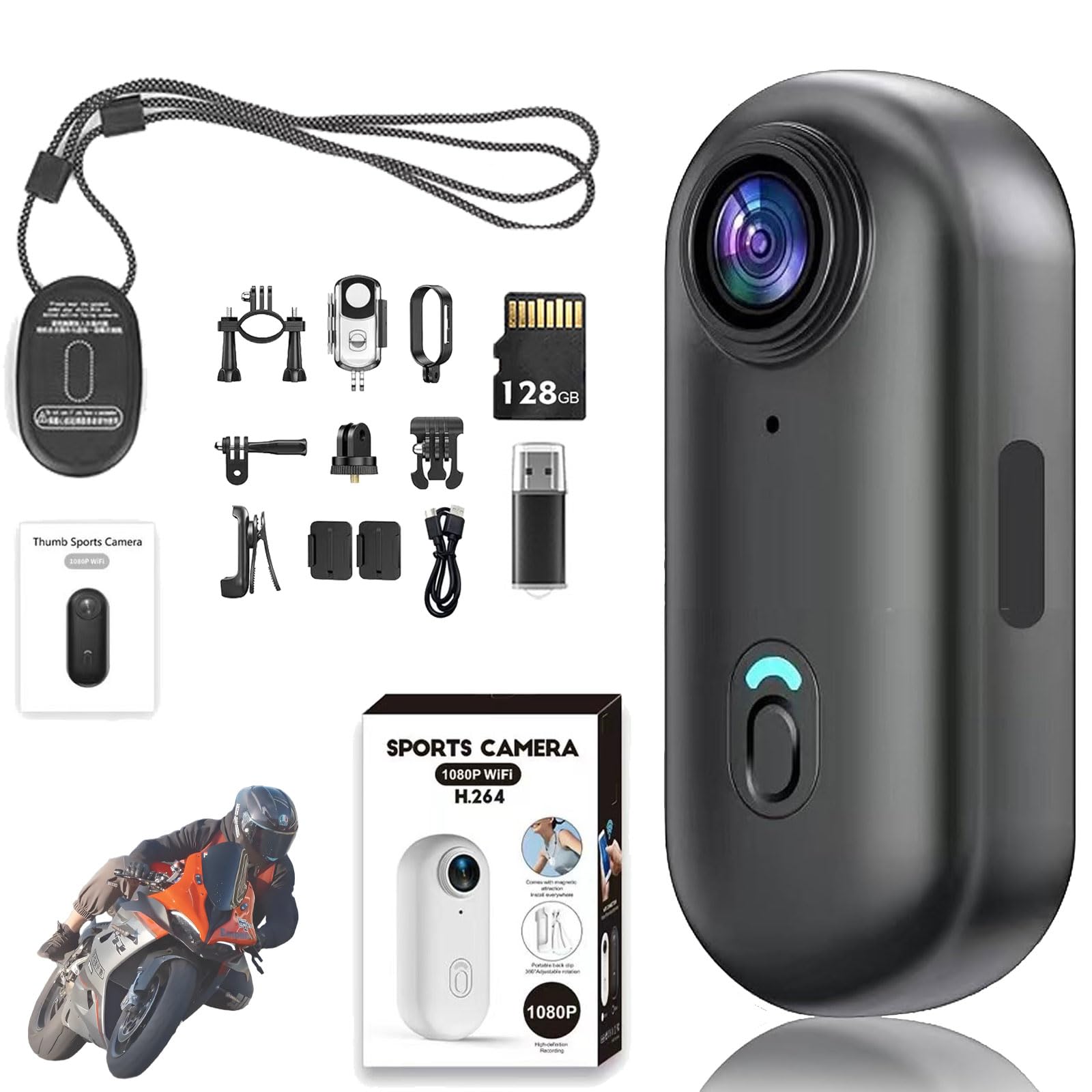 POV Camera for Motorcycle Helmet – 4K Action Camera with Wide-Angle, Loop Recording, Waterproof + Free 128GB Memory Card for Cycling, Motorbike, Sports POV Recording (Black-4K, 128G)