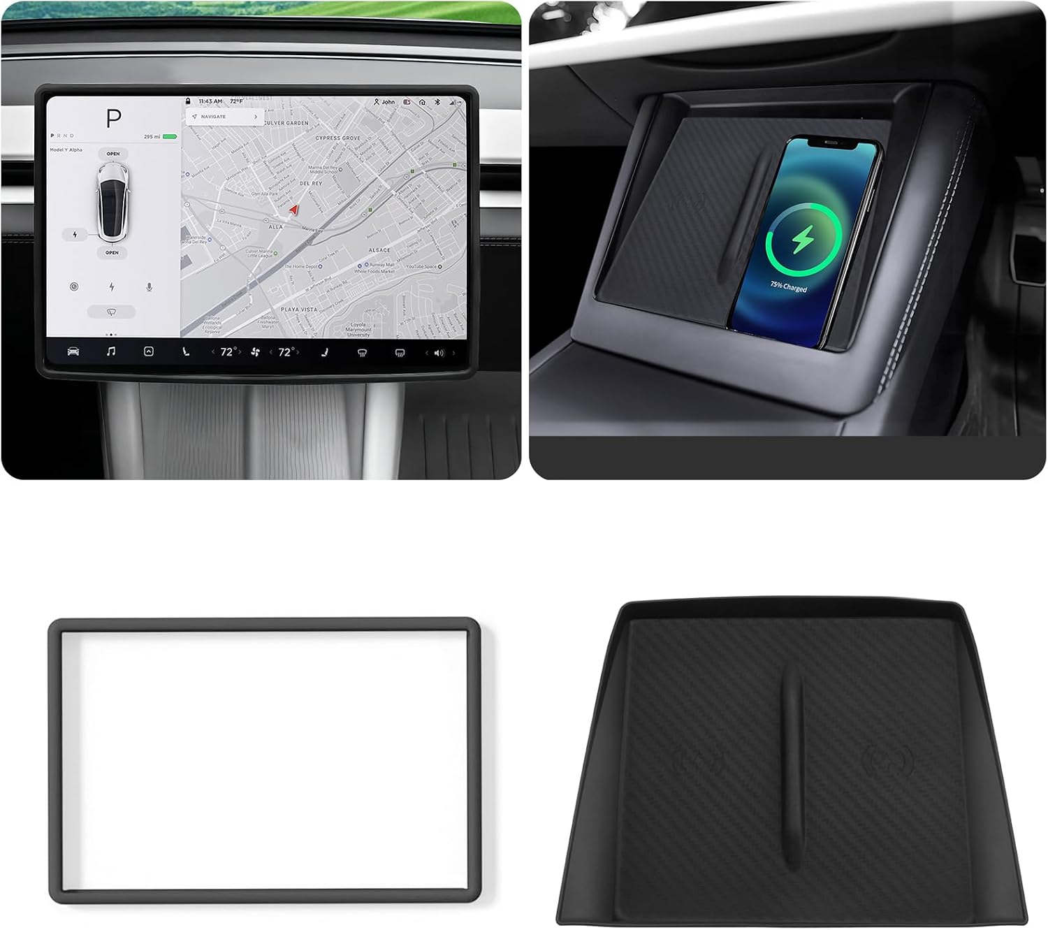 for Tesla Protector Trim Frame & Wireless Charger Mat Model Y Refreshed Juniper Accessories 2025 2026 Center Console Silicone Cover Screen Edge Frame Cover Decorations 2PCS