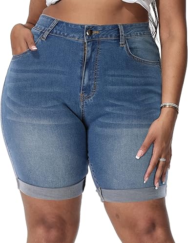 Plus size denim shorts high waisted ripped hem