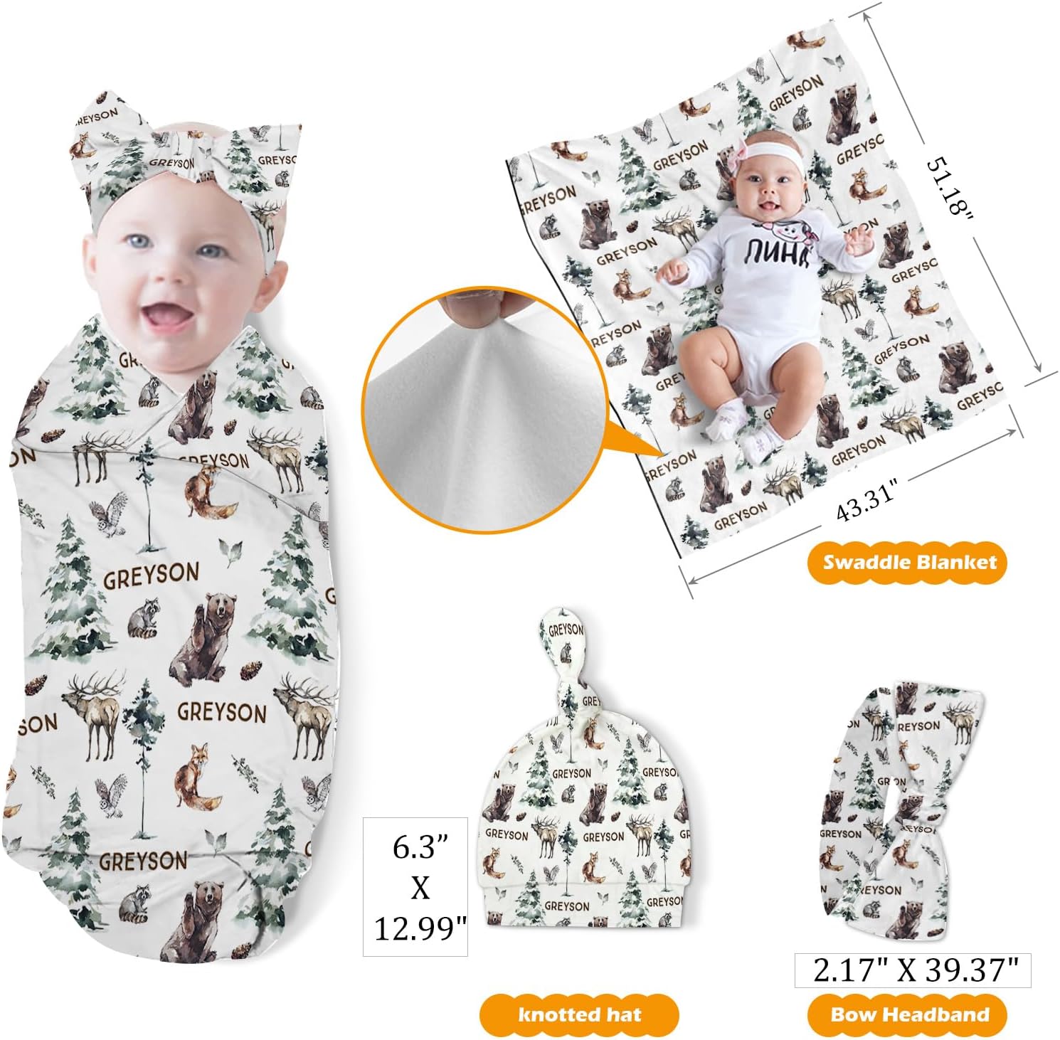 Custom Baby Nursing Swaddling Set: Personalized Custom Name Hunting Swaddle Blanket Car Seat Cover Bow Headband Hat Nursing Pillow for Infant Boy Girl Forest Animals Pattern