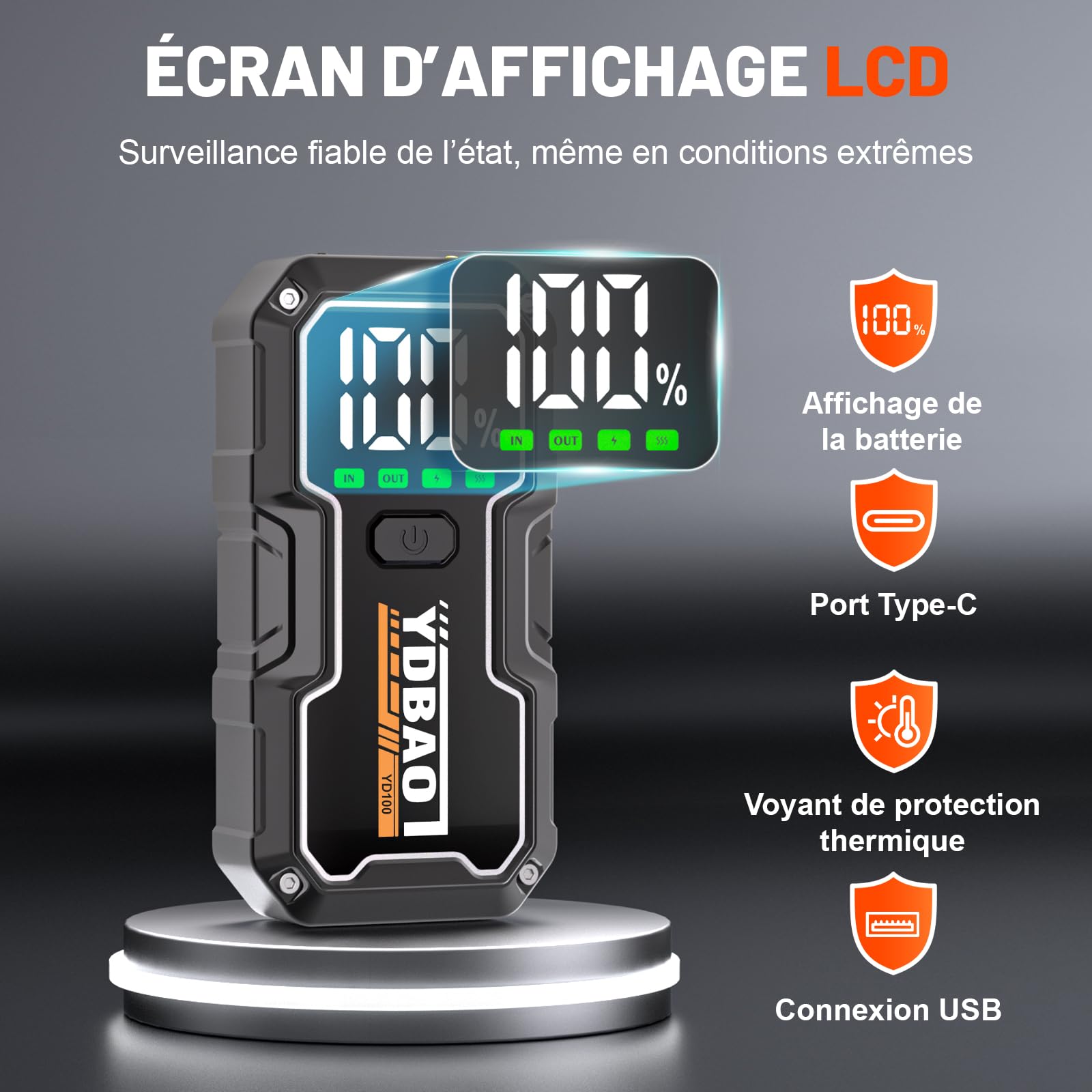 YDBAO Booster Batterie Voiture 8000A 12V Démarreur de Voiture Portable (Jusqu'à Toute Essence ou 10L Diesel) Jump Starter avec Pince Intelligente Écran LCD Lumière LED Protection Auto Moto SUV Camion