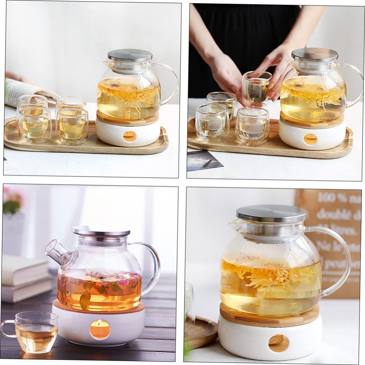 2pcs Vibrant Teapot Bamboo Lid Glass Tea Pot Warmer for Tea Scented Drinks
