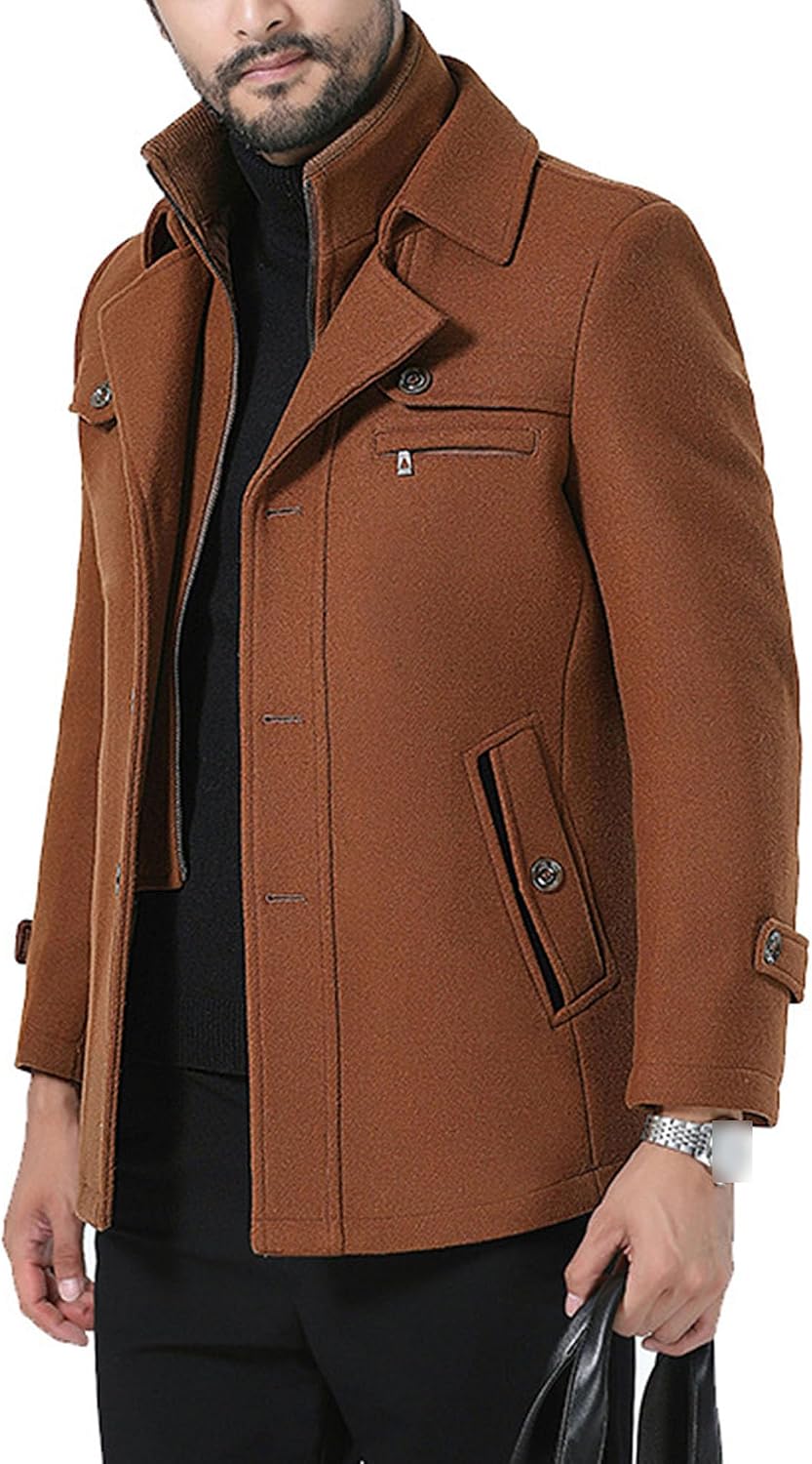 Men'S Wool Blend Pea Coat Warm Winter Zipper Trench Coats Jacket Notched Lapel Single Breasted Peacoat Overcoat