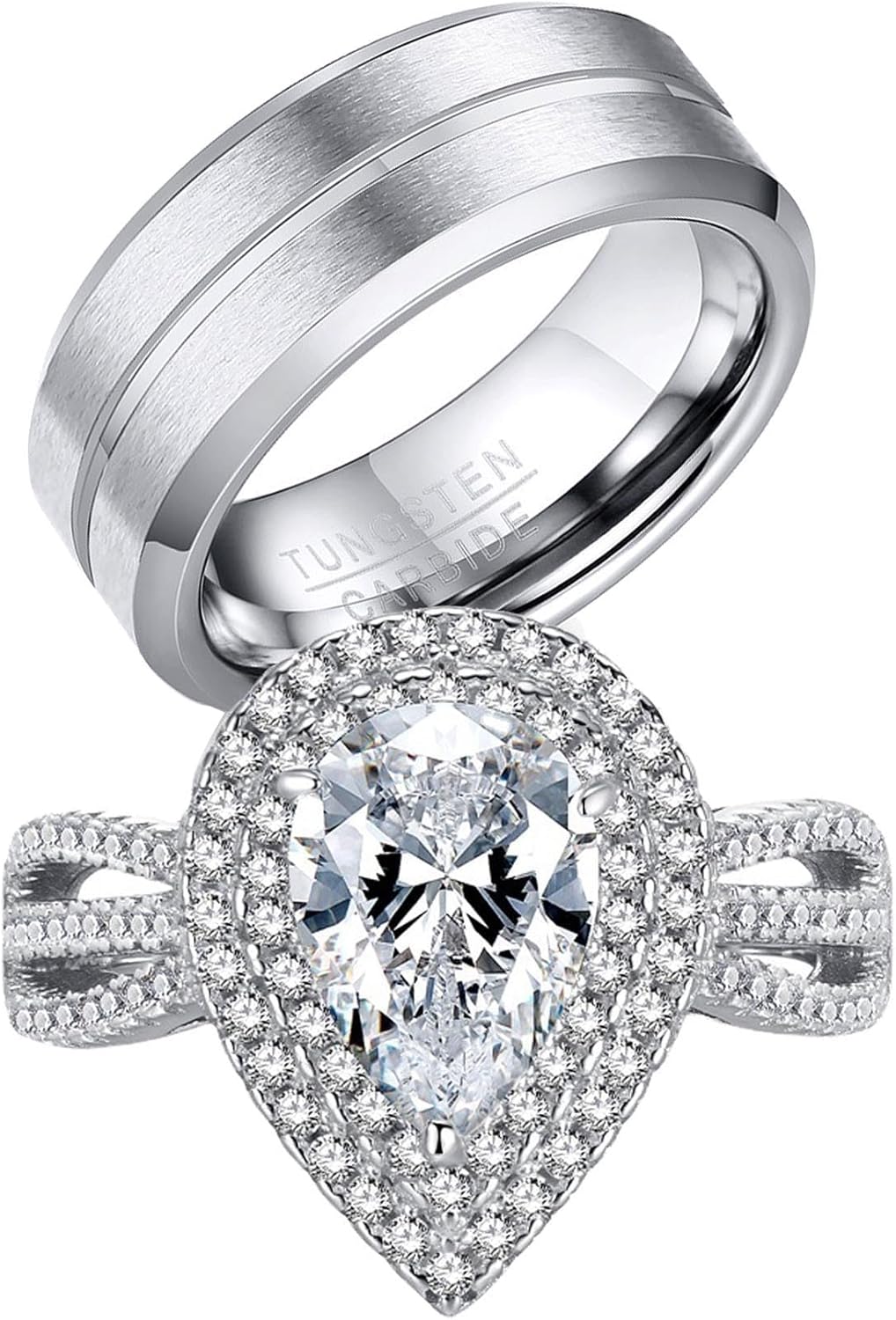 Couple Rings White Gold Plated 925 Sterling Silver Ring 1CT Pear AAAAA CZ Women Wedding Ring Men Wedding Band