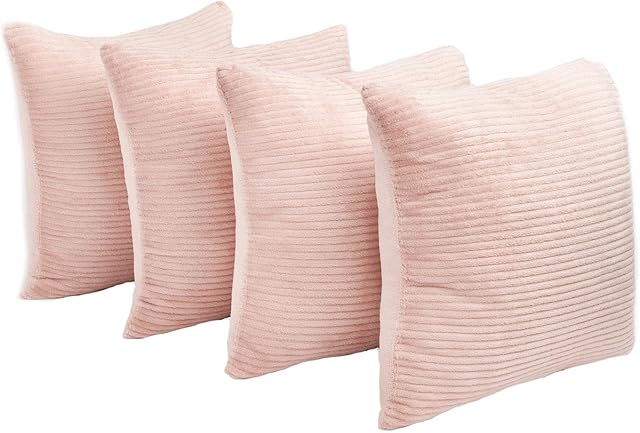 Brentfords Ribbed Corduroy Pack of 4 Cushion Covers 45 x 45 cm Soft Jumbo Cord Fleece Sofa Chair Textured, 18" x 18" - Blush Pink