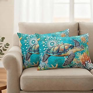 Turquoise Ocean Turtle Waterweed Waterproof Throw Pillow Covers Set of 2 Coastal Yellow Starfish Outdoor Cushion Cover Pillow Protector Decorative Pillowcases for Bed Sofa Couch