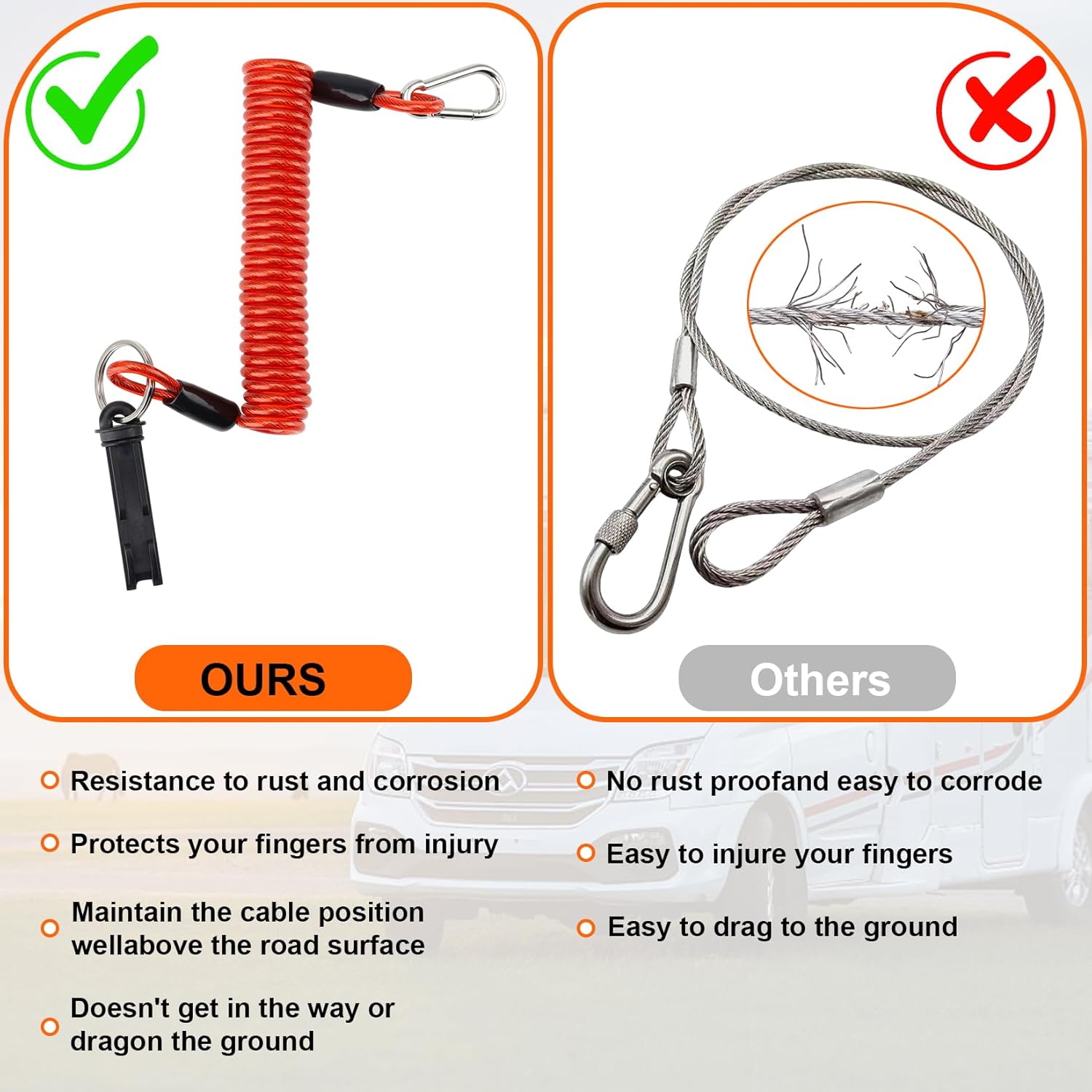 Trailer Breakaway Cable 2Pcs, 6FT Trailer Emergency Brake Away Cable, High Rebound Spring Towing Coiled Wire for Brake Safety, Towing Hitch Wiring for Breakaway Switch