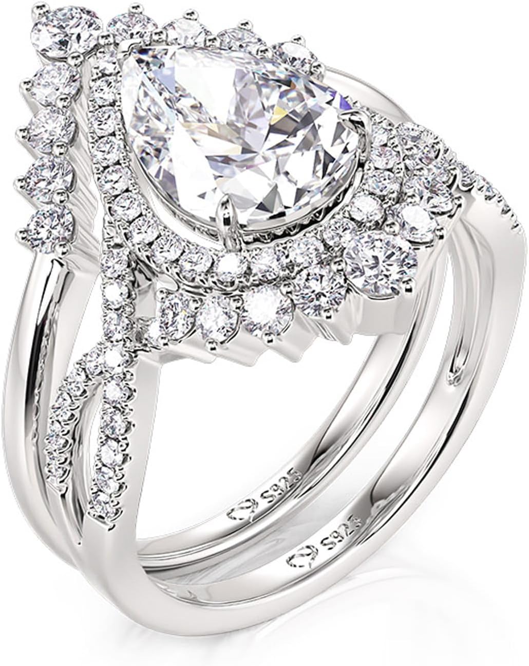 Jeulia Sterling Silver 3.2 CT Twist Halo Pear Cut Eternity Wedding Ring Set for Women, 925 Silver Cubic Zirconia Bridal Jewelry Gift Set with Box, Anniversary Engagement Valentine's Day Gift for Wife Bride