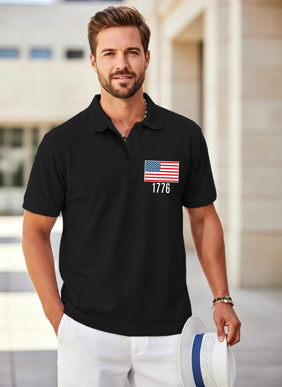 LBP Mens American Flag Polo Shirt USA & 1776 Patriotic Short Sleeve Casual Tops for Men