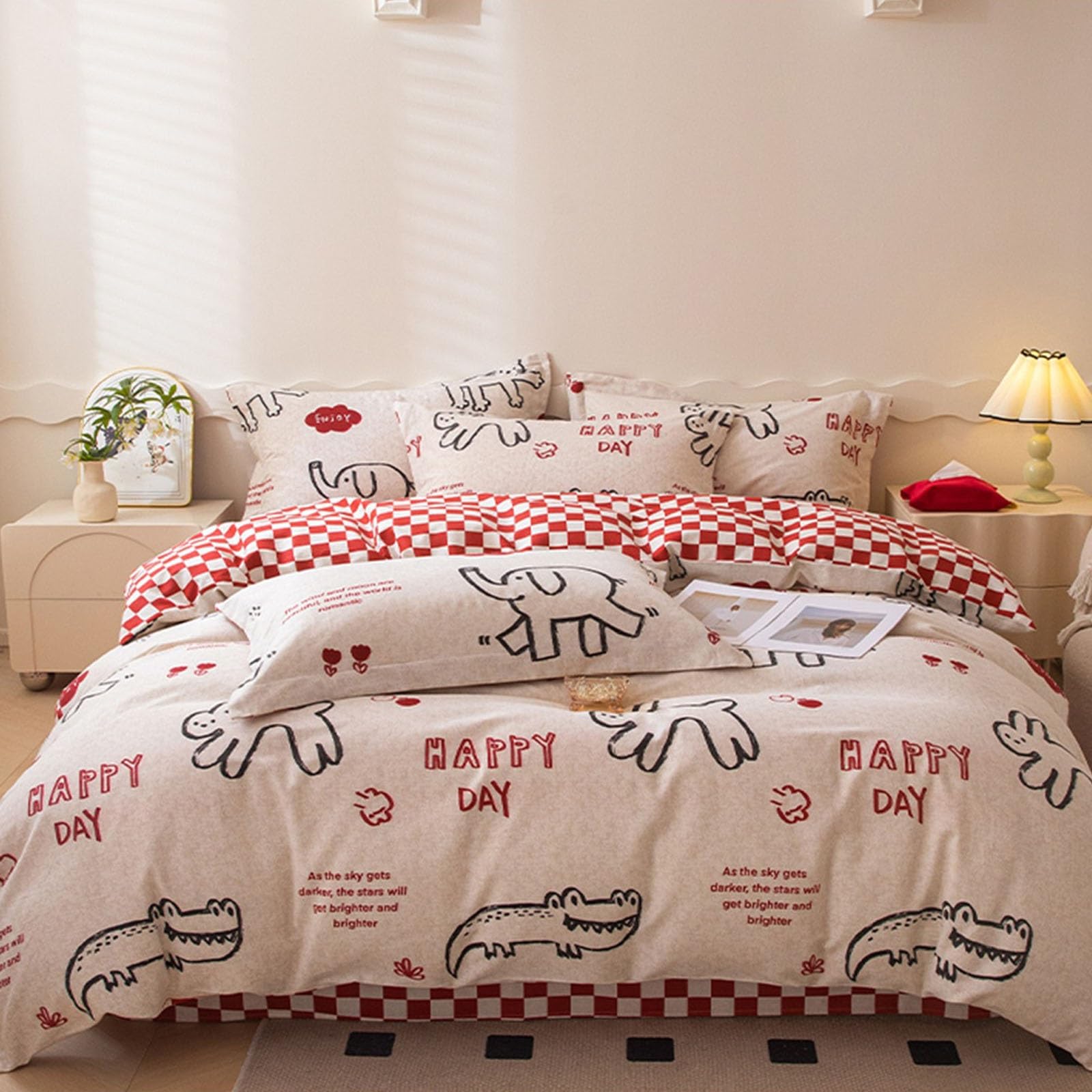 Housse de couette avec fermeture éclair parure de lit 4 pièces microfibre rouge floral