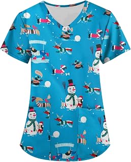 Womens Christmas Scrubs Uniforms Short Sleeve V Neck Uniform Animal Lightweight Beauty Uniform Comfy Healthcare Slim Fit Dog Grooming Tops Hospital Work Healthcare Shirt UK