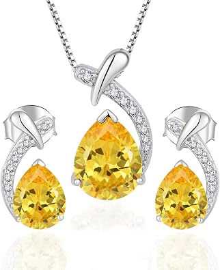Teardrop Birthstone Jewelry Set for Women, 925 Sterling Silver Pear Cut Golden Topaz November Necklace Earring for Birthday Engagement Anniversary Wedding Jewelry