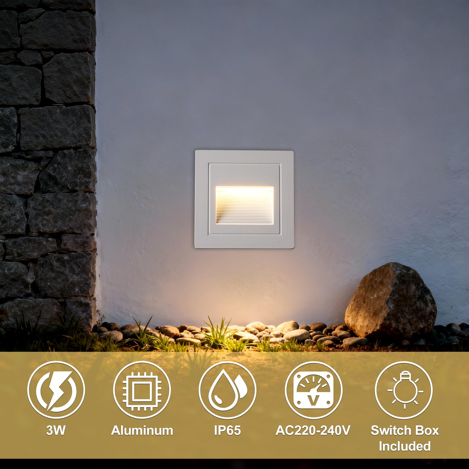 VivaLet 6 Stück LED Treppenbeleuchtung 3W 300LM, Treppenlicht Innen 230V 3000K, IP65 Treppenstufenbeleuchtung Außen Aluminium, Unterputzdose 68mm, 85 x 85mm, Stufenbeleuchtung Treppe Weiß