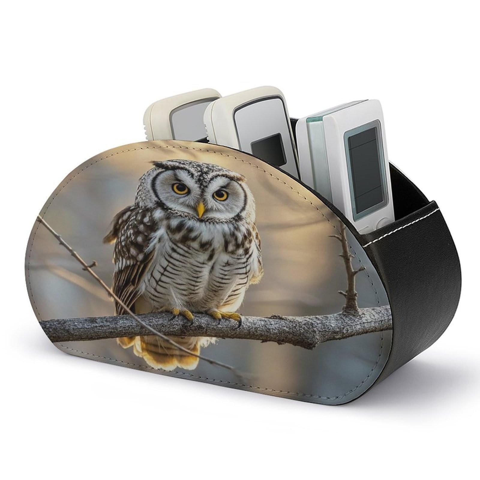 VstaDank Owl on A Branch Remote Control Holder Farmhouse TV Media Remote Storage Box with 5 Compartments PU Leather Remote Caddy Desktop Organizer for Home Bedside Table Organizer