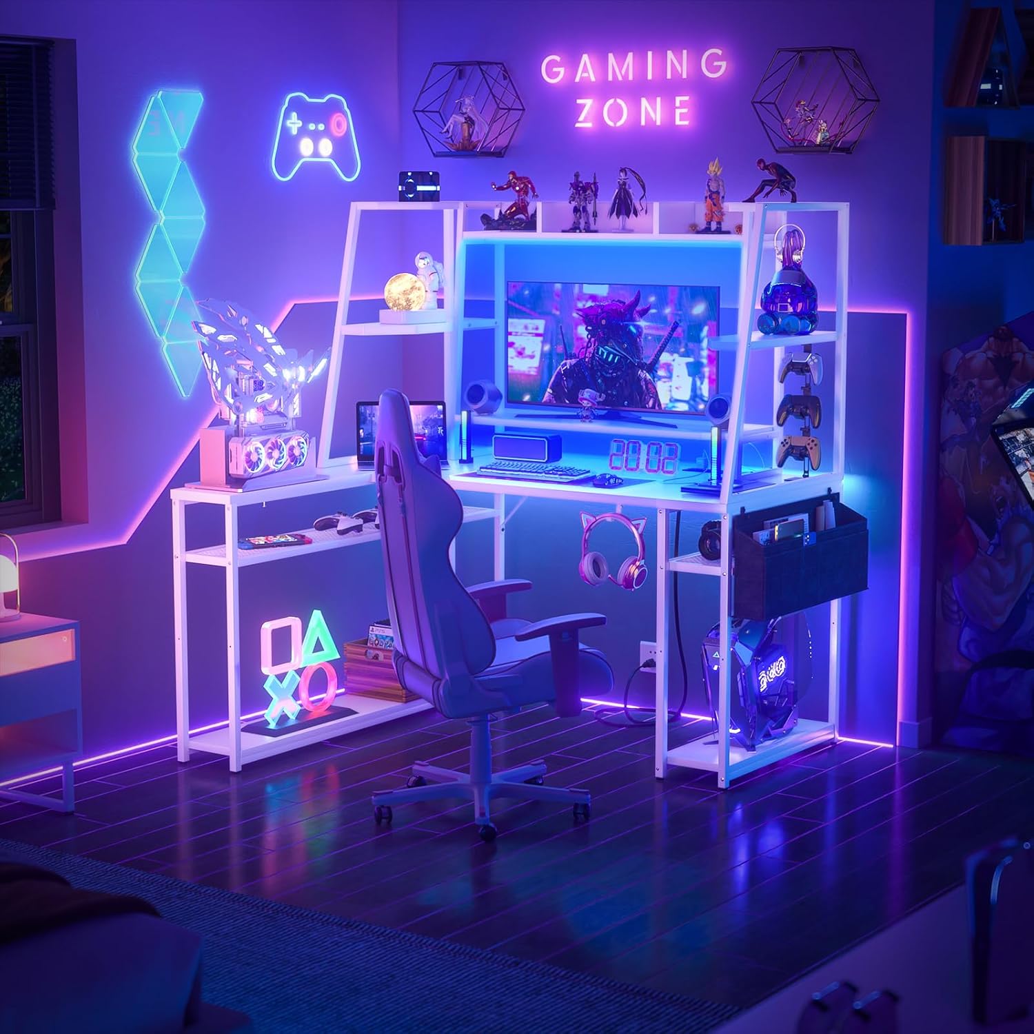 L Shaped Gaming Desk with Hutch & Shelves, 47'' Gaming Computer Desk with LED Lights & Power Strips, Reversible PC Gaming Desk L Shape with Storage, L Desk for Gaming with Monitor Stand, White
