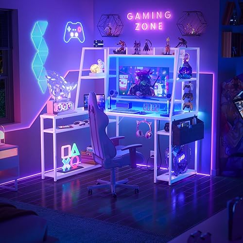 Miniatura 31 de Armocity Escritorio para juegos en forma de L con gabinete y estantes, escritorio para computadora de juegos de 47 pulgadas con luces LED y Roble