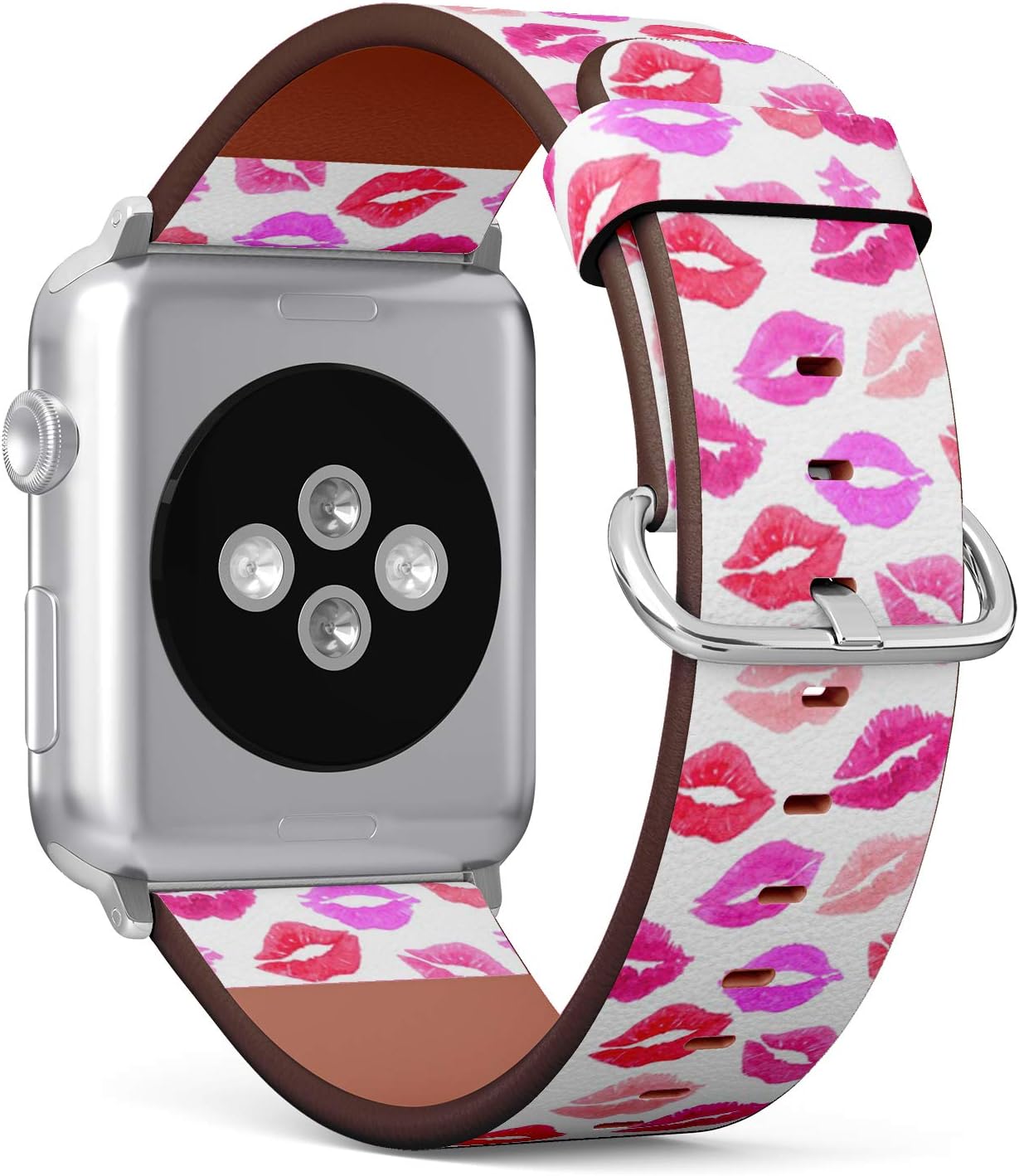 Compatible with Apple Watch Series 7/6/5/4/3/2/1 (Big Version 42/44/45 mm) Leather Wristband Bracelet Replacement Accessory Band + Adapters - Pink Print Kiss Lipmark Lipstick