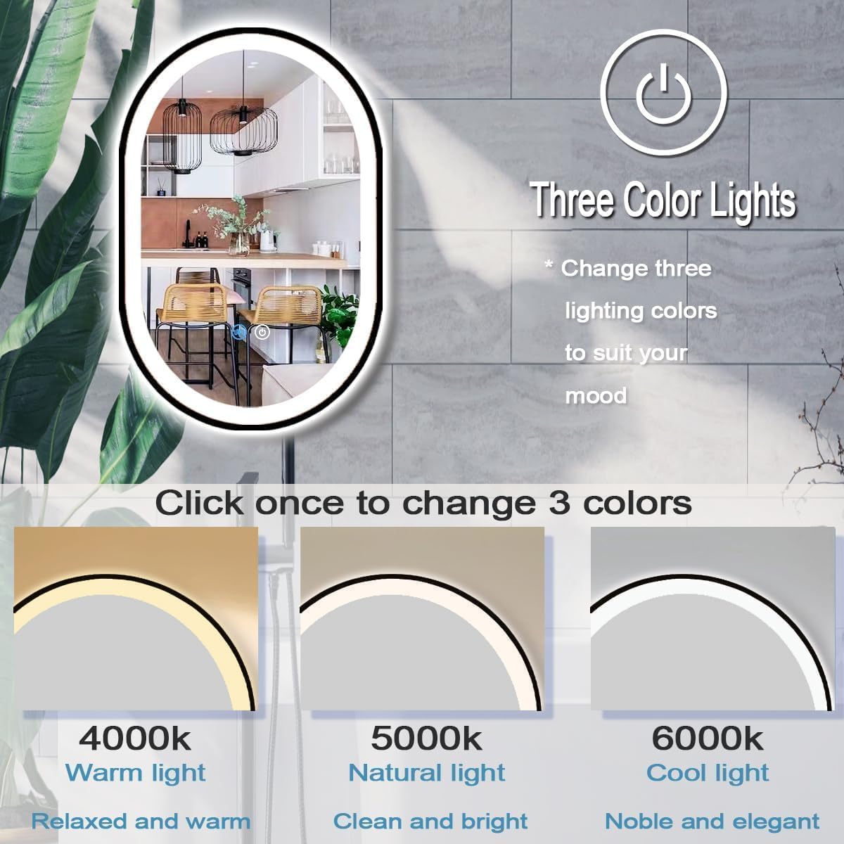 36 x 20 Inch Black Frame Oval LED Mirror for Bathroom Hair Salon Wall Mounted 36 inch Black Oval Lighted Vanity Mirror with Lights Frame 3 Color Front Light Smart Touch Dimmable AntiFog