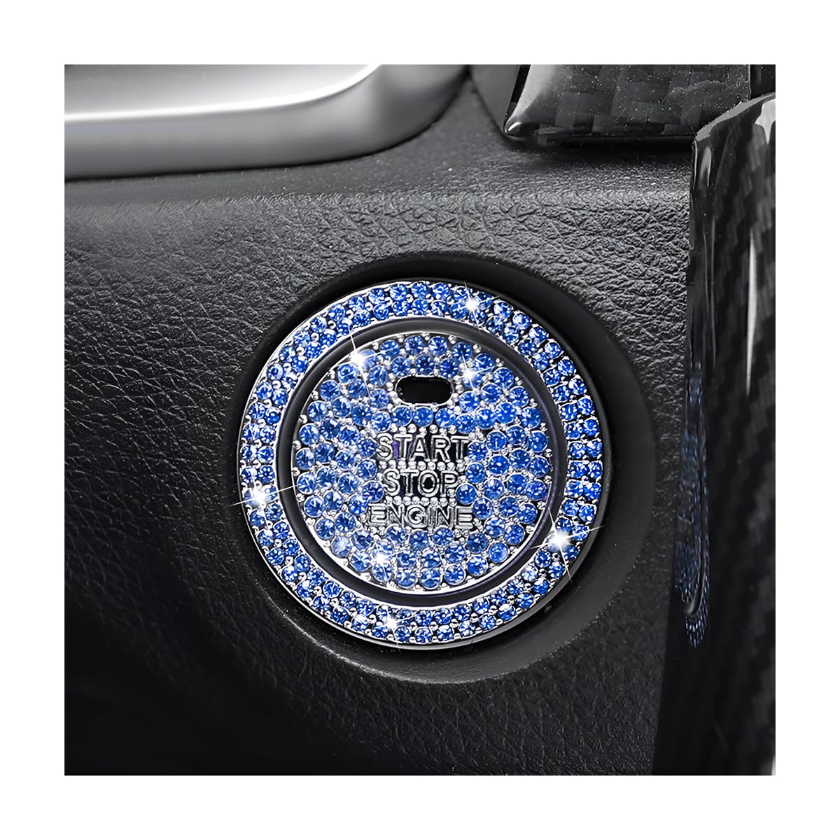 BELOMI 2 Pcs Bling Car Engine Start Stop Button Decorative Ring, Crystal Rhinestone Push Start Button Protective Decal, Bling Car Accessories for Wowen (Blue, with Hole)