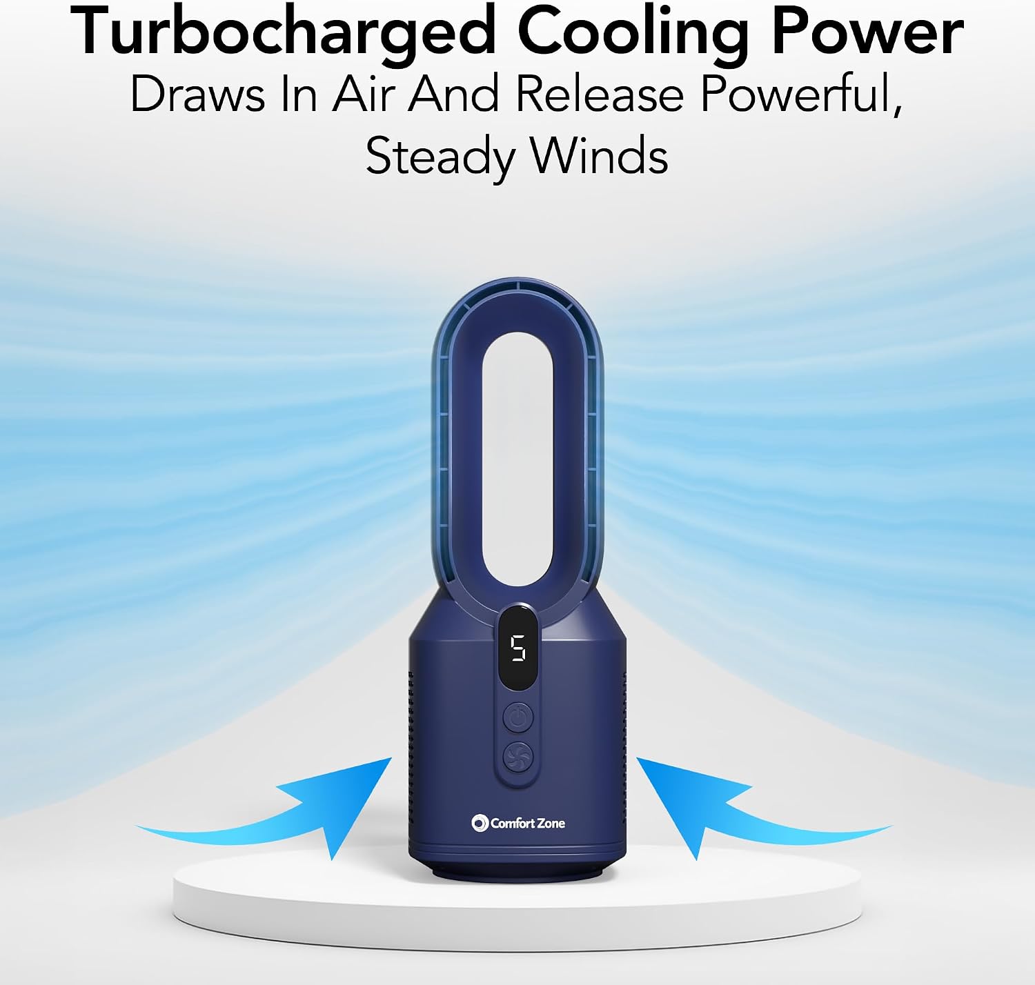 Comfort Zone 14-Inch Rechargeable Bladeless Tabletop Fan, Navy | 5 Speeds, Display Screen, Non-Slip Feet, Quiet Operation, Portable Personal Fan